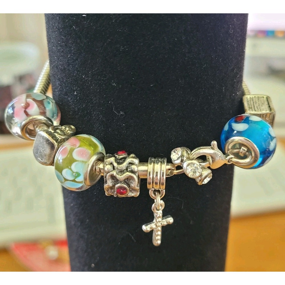 Vintage Silver Tone Loaded European Charm Bracelet Murano Glass Cross Floral